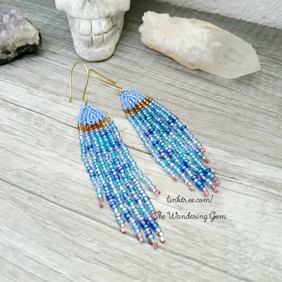 Boho Beaded Fringe Cascade Shoulder Duster Dangle Earrings, Blue & Gold 3.5" - Picture 5 of 10